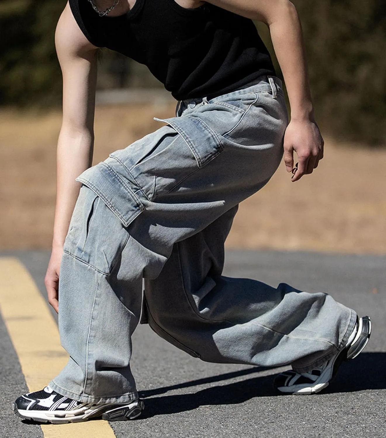 Baggy Cargo Jeans Men Teen Boys Casual Loose Jeans Flap Pockets Y2k Denim Pants 90s Hip Hop Streetwear
