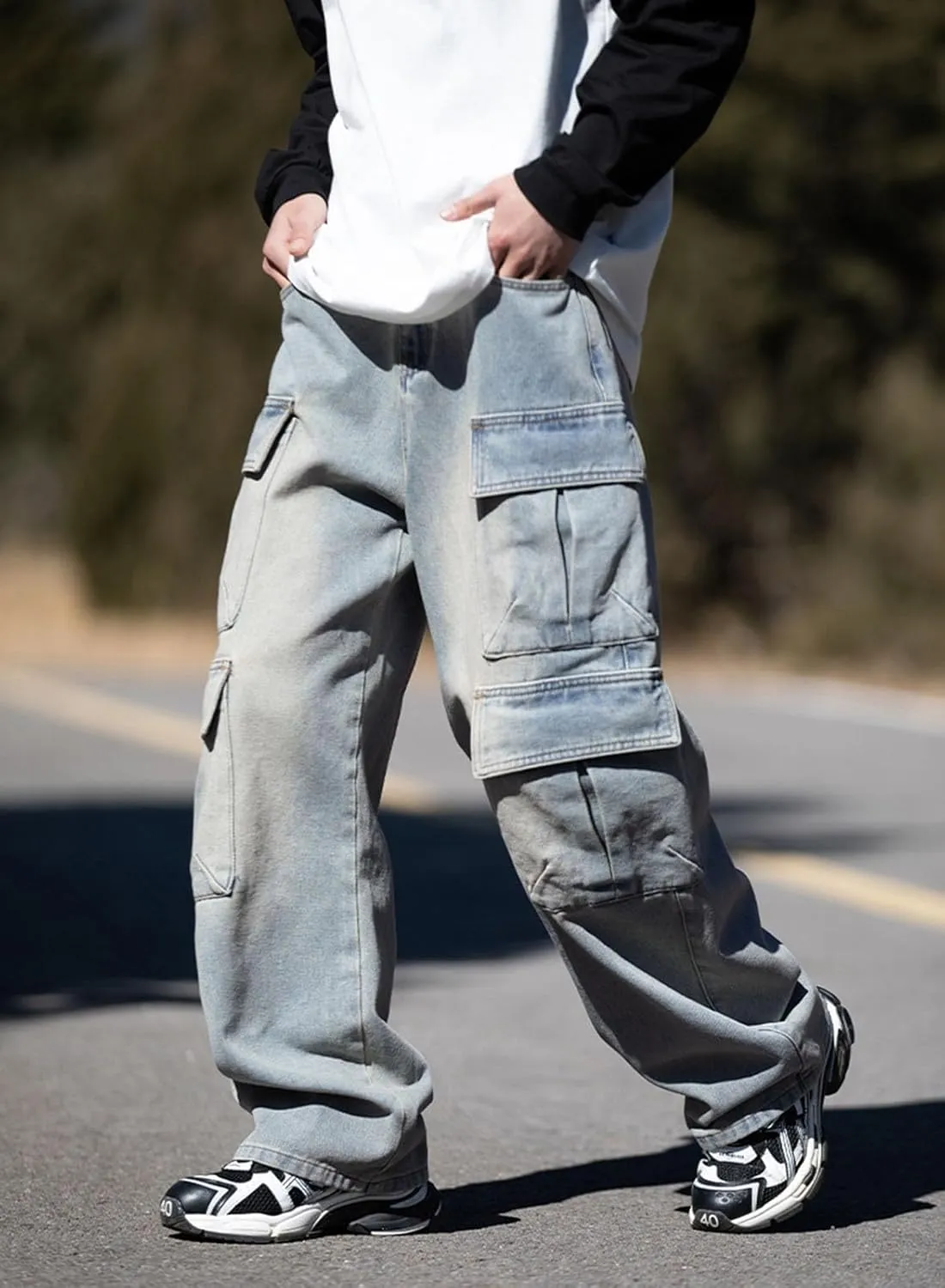 Baggy Cargo Jeans Men Teen Boys Casual Loose Jeans Flap Pockets Y2k Denim Pants 90s Hip Hop Streetwear