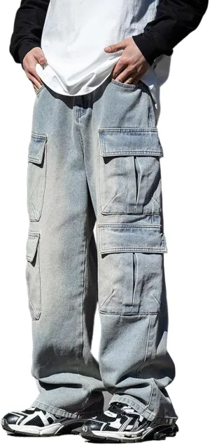 Baggy Cargo Jeans Men Teen Boys Casual Loose Jeans Flap Pockets Y2k Denim Pants 90s Hip Hop Streetwear
