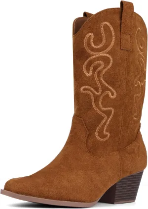 Bandkos Cowboy Boots for Women Cowgirl Mid Calf Western Embroidered Boot Low Chunky Block Heel Fashion Boots
