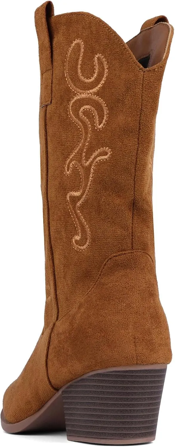 Bandkos Cowboy Boots for Women Cowgirl Mid Calf Western Embroidered Boot Low Chunky Block Heel Fashion Boots