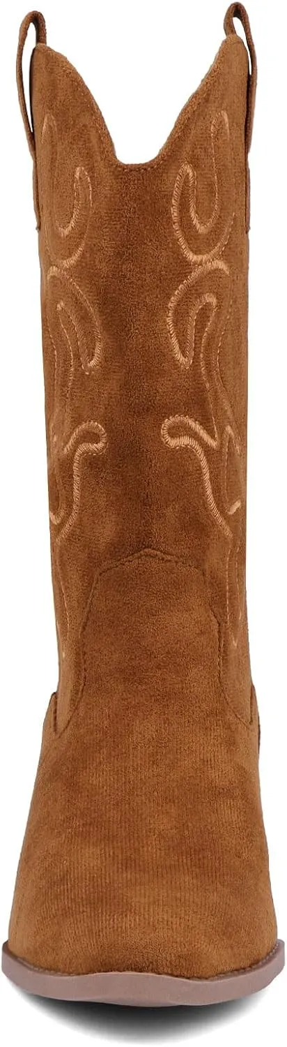 Bandkos Cowboy Boots for Women Cowgirl Mid Calf Western Embroidered Boot Low Chunky Block Heel Fashion Boots