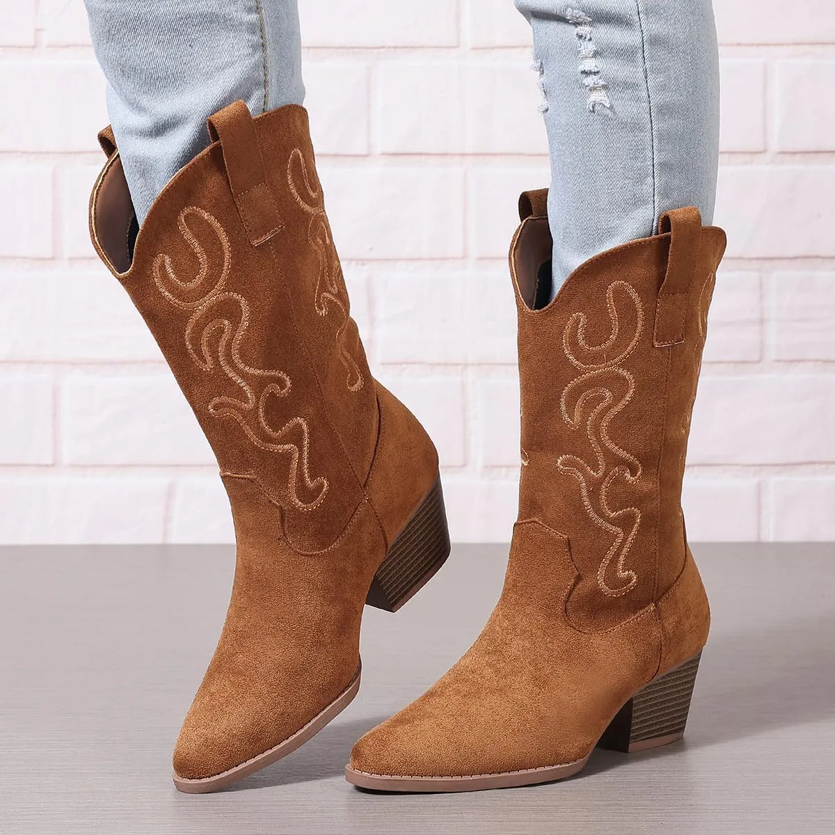 Bandkos Cowboy Boots for Women Cowgirl Mid Calf Western Embroidered Boot Low Chunky Block Heel Fashion Boots