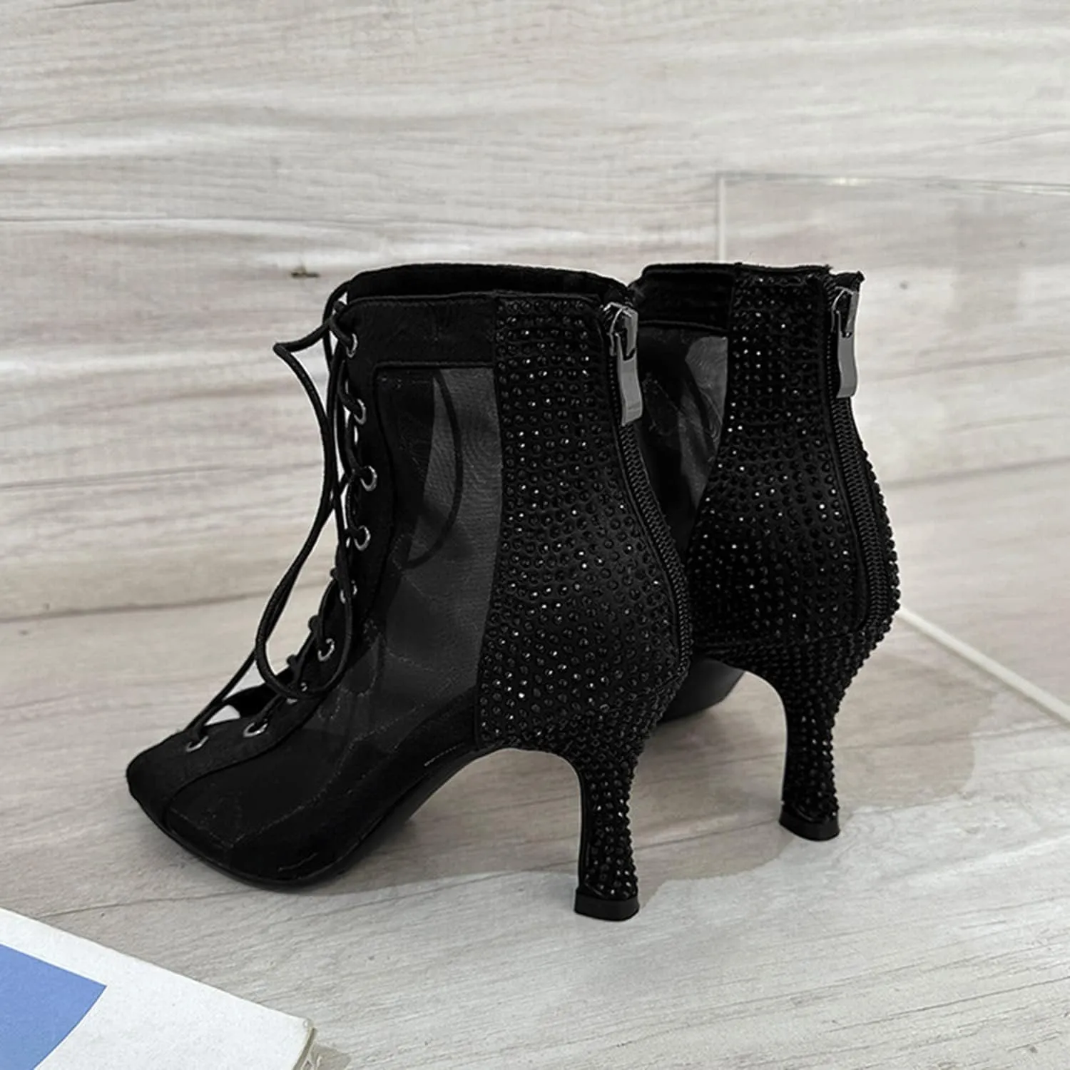 bbruriy Peep Toe Booties for Women Mesh Lace Up Chunky Heel Booties Summer Cutout Ankle Sandals Dress Pumps Shoes with Zipper