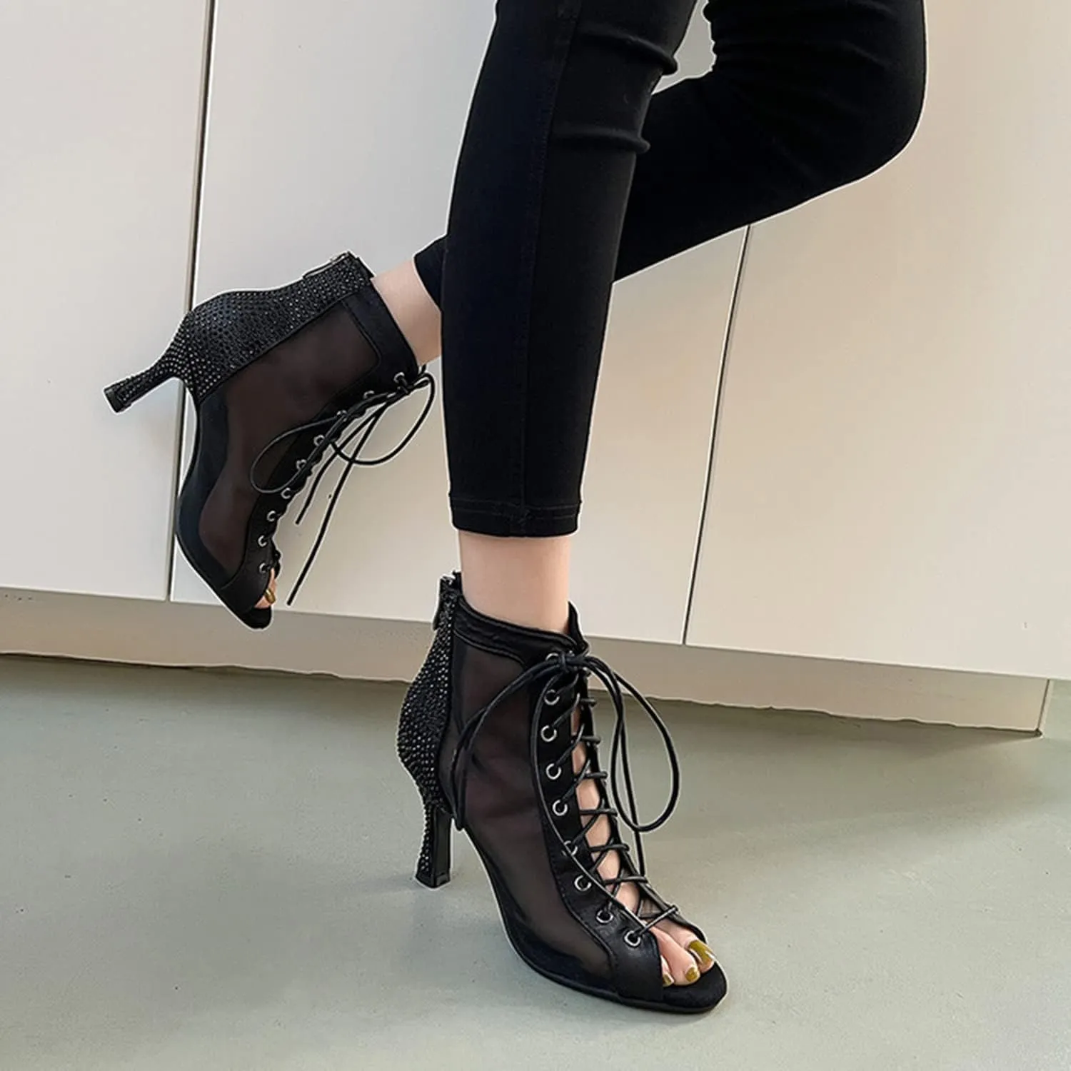 bbruriy Peep Toe Booties for Women Mesh Lace Up Chunky Heel Booties Summer Cutout Ankle Sandals Dress Pumps Shoes with Zipper