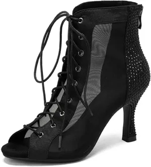 bbruriy Peep Toe Booties for Women Mesh Lace Up Chunky Heel Booties Summer Cutout Ankle Sandals Dress Pumps Shoes with Zipper