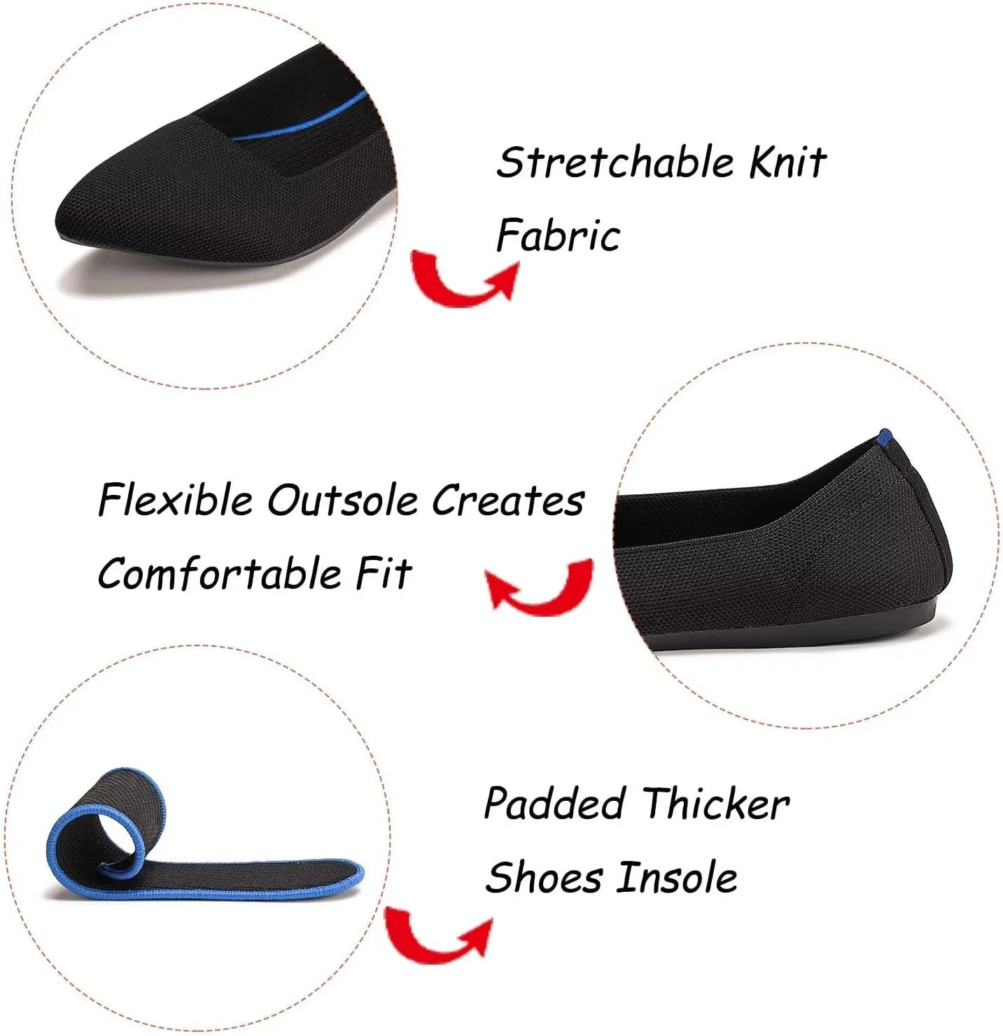 BEJINASH Women's Flat Shoes Black Pointed Toe Dress Shoes Knit Slip On Shoes Comfortable Walking Shoes for Woman Lightweight