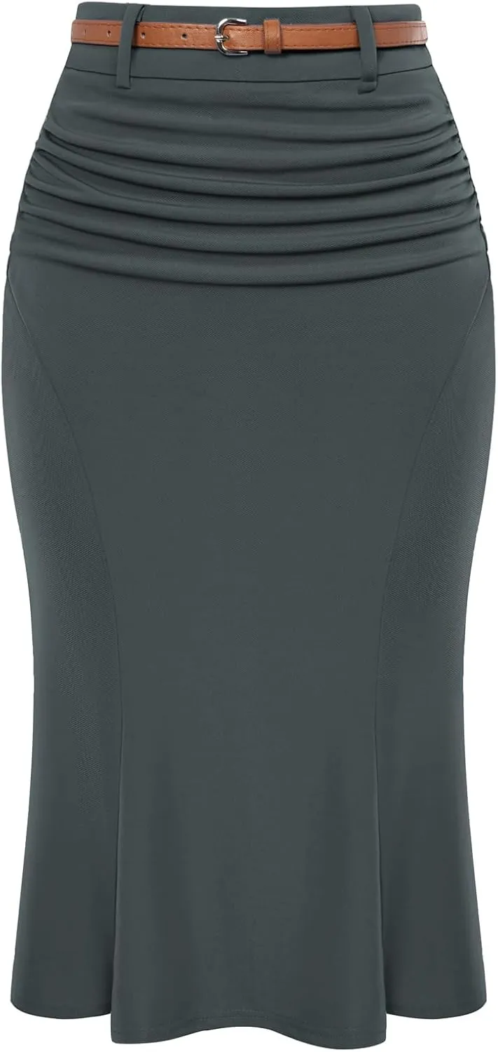 Belle Poque Women's Bodycon Pencil Skirt with Belt Knee Length 1950s Vintage Work Business Skirts