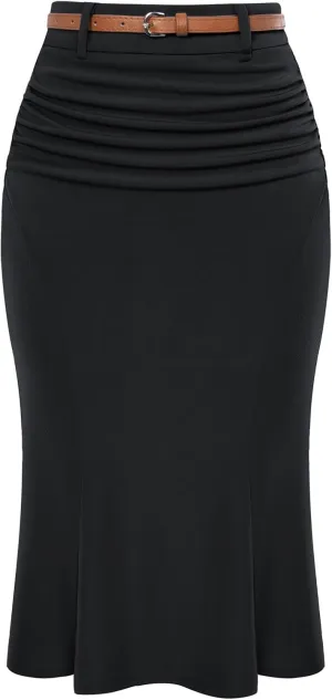 Belle Poque Women's Bodycon Pencil Skirt with Belt Knee Length 1950s Vintage Work Business Skirts