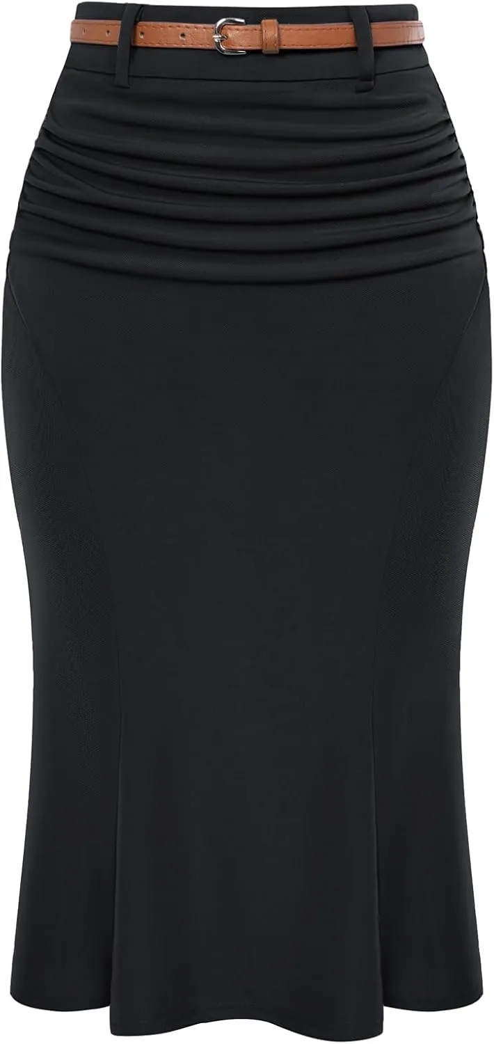 Belle Poque Women's Bodycon Pencil Skirt with Belt Knee Length 1950s Vintage Work Business Skirts