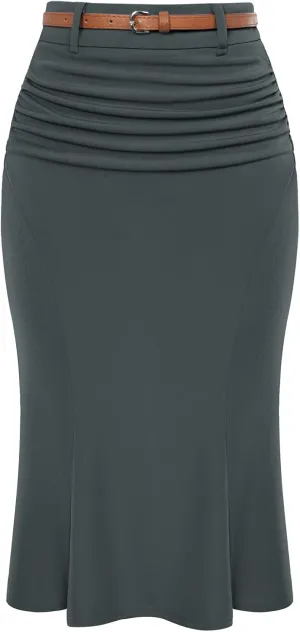 Belle Poque Women's Bodycon Pencil Skirt with Belt Knee Length 1950s Vintage Work Business Skirts