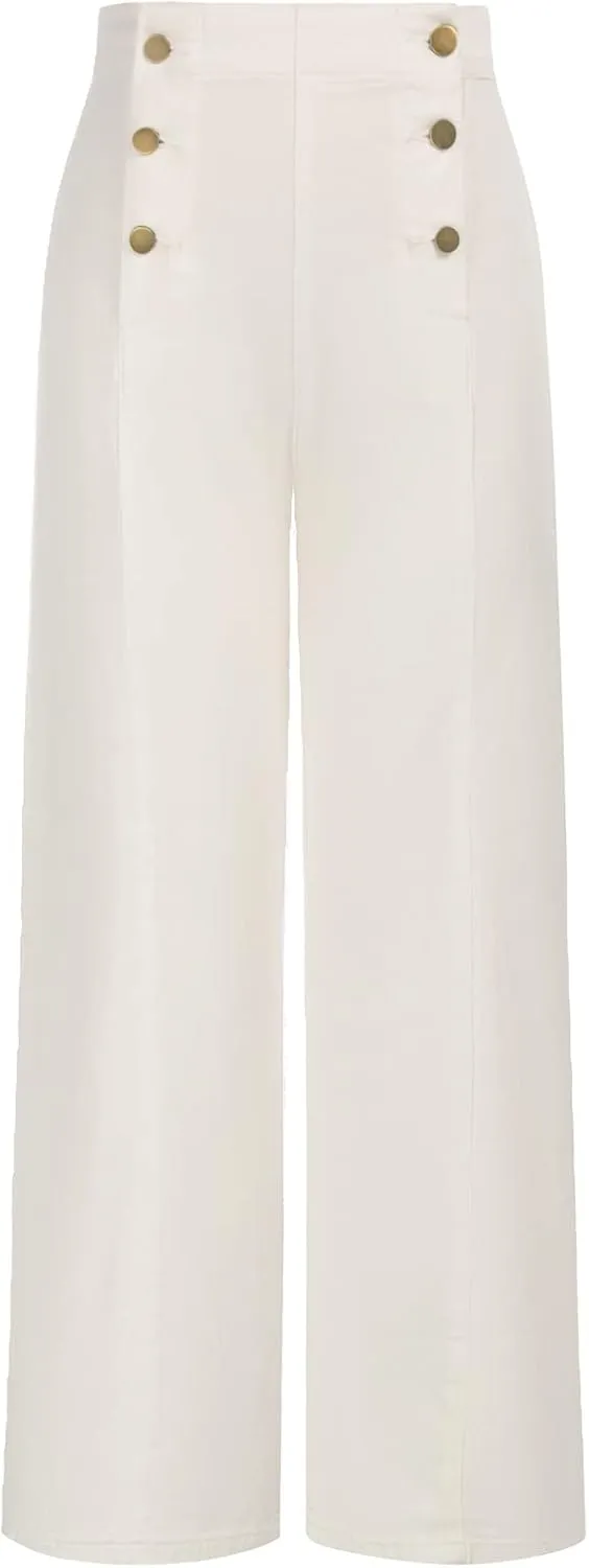Belle Poque Women's High Waisted Wide Leg Jeans Button Decorated Casual Stretchy Demin Pants with Pockets
