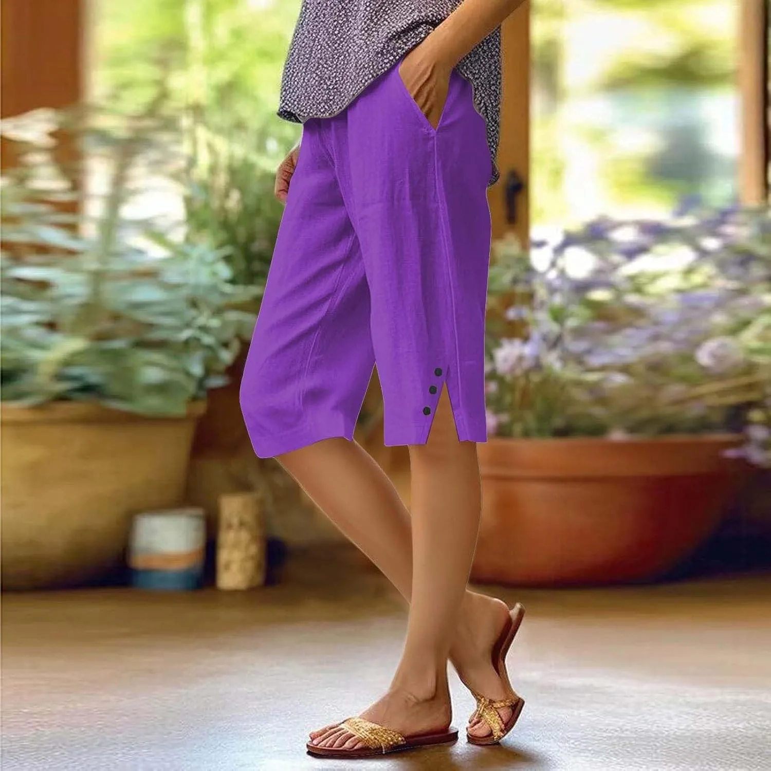 Bermuda Shorts for Women Knee Length Cotton Linen Casual Summer Capri Pants Lightweight Wide Leg Beach Short with Pockets