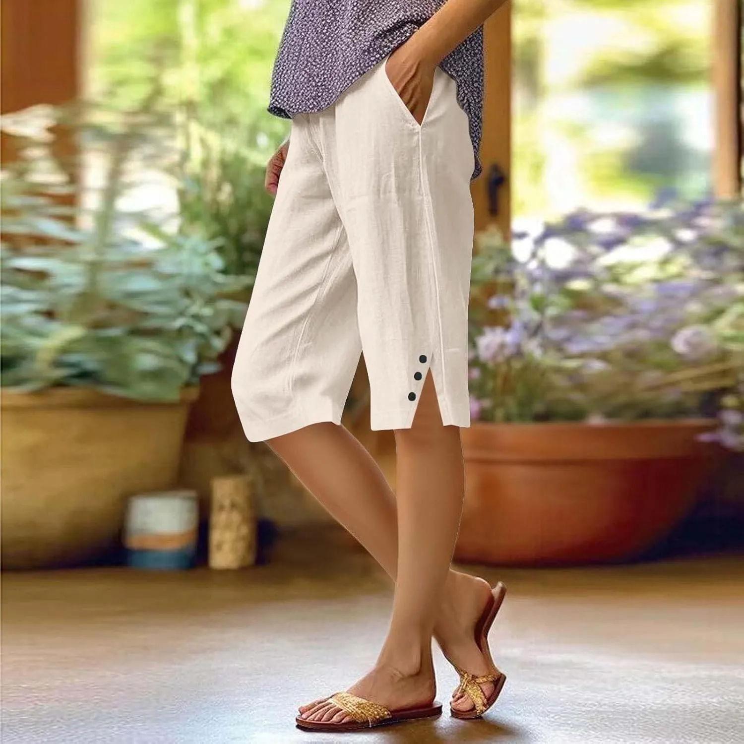 Bermuda Shorts for Women Knee Length Cotton Linen Casual Summer Capri Pants Lightweight Wide Leg Beach Short with Pockets