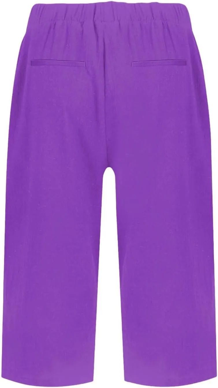 Bermuda Shorts for Women Knee Length Cotton Linen Casual Summer Capri Pants Lightweight Wide Leg Beach Short with Pockets