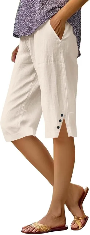 Bermuda Shorts for Women Knee Length Cotton Linen Casual Summer Capri Pants Lightweight Wide Leg Beach Short with Pockets