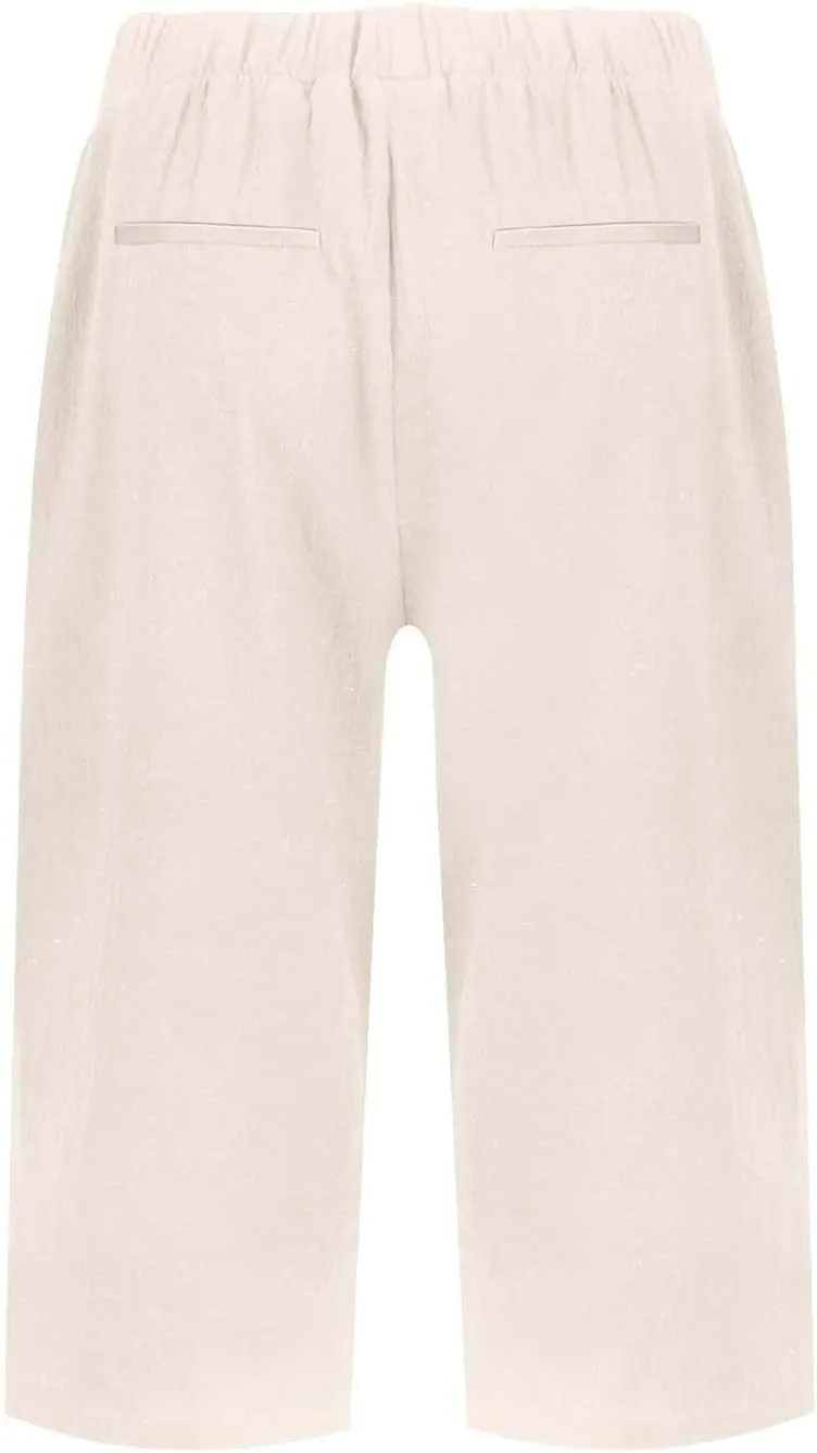 Bermuda Shorts for Women Knee Length Cotton Linen Casual Summer Capri Pants Lightweight Wide Leg Beach Short with Pockets