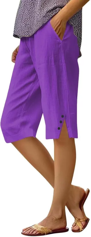 Bermuda Shorts for Women Knee Length Cotton Linen Casual Summer Capri Pants Lightweight Wide Leg Beach Short with Pockets