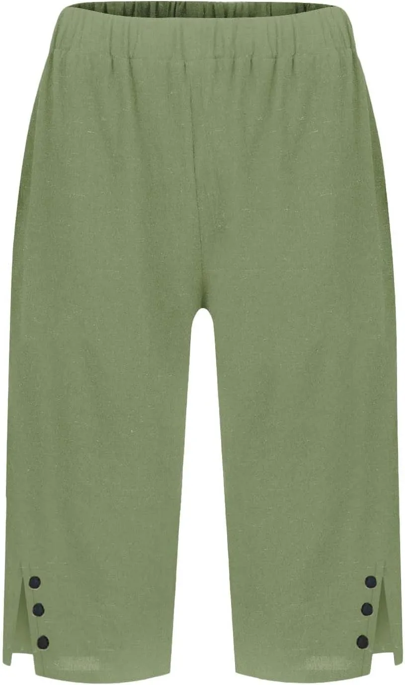 Bermuda Shorts for Women Knee Length Cotton Linen Casual Summer Capri Pants Lightweight Wide Leg Beach Short with Pockets