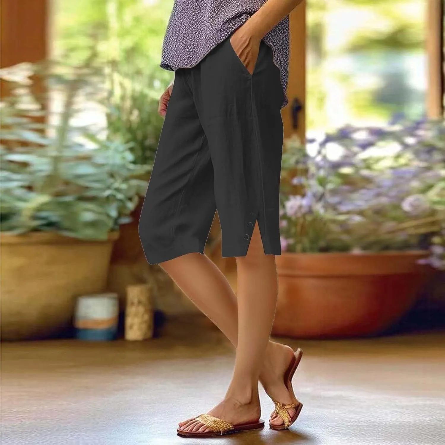 Bermuda Shorts for Women Knee Length Cotton Linen Casual Summer Capri Pants Lightweight Wide Leg Beach Short with Pockets
