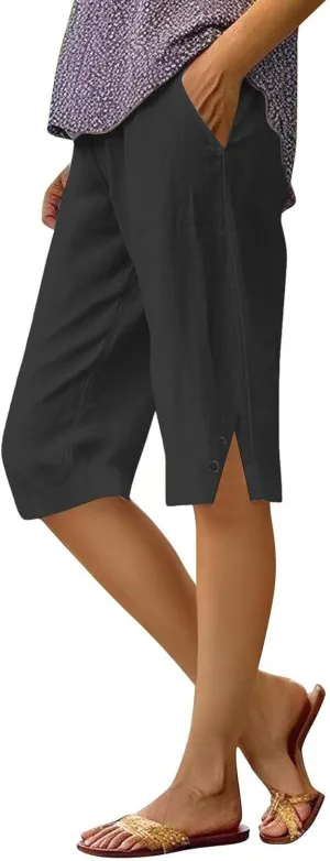 Bermuda Shorts for Women Knee Length Cotton Linen Casual Summer Capri Pants Lightweight Wide Leg Beach Short with Pockets