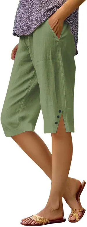 Bermuda Shorts for Women Knee Length Cotton Linen Casual Summer Capri Pants Lightweight Wide Leg Beach Short with Pockets