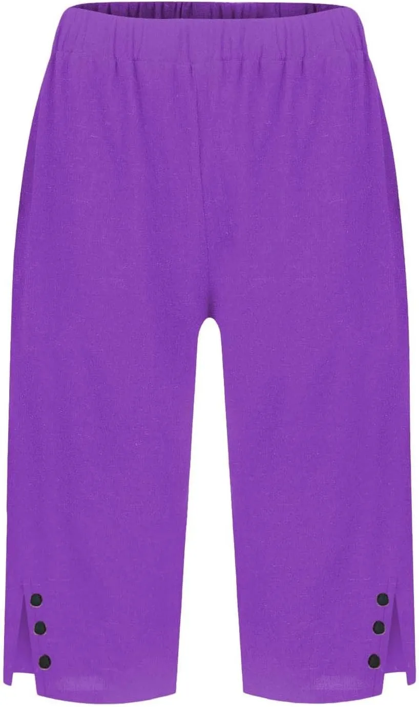 Bermuda Shorts for Women Knee Length Cotton Linen Casual Summer Capri Pants Lightweight Wide Leg Beach Short with Pockets