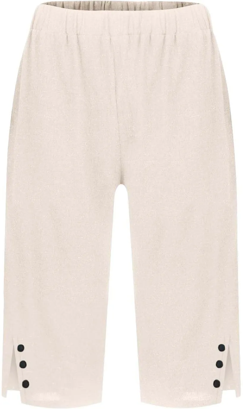 Bermuda Shorts for Women Knee Length Cotton Linen Casual Summer Capri Pants Lightweight Wide Leg Beach Short with Pockets