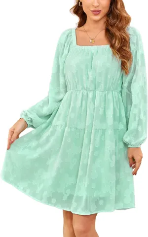 BestWendding Women's Casual Long Sleeve Mini Dress 2025 Spring Summer Square Neck Ruffle Tiered Flowy Loose Babydoll Dress