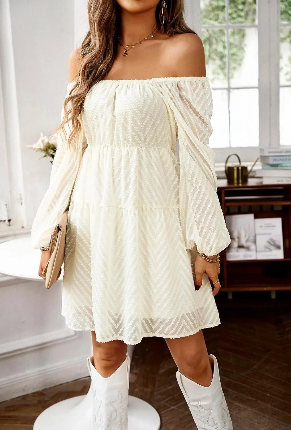 BestWendding Women's Casual Long Sleeve Mini Dress 2025 Spring Summer Square Neck Ruffle Tiered Flowy Loose Babydoll Dress