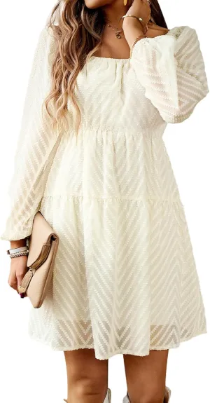 BestWendding Women's Casual Long Sleeve Mini Dress 2025 Spring Summer Square Neck Ruffle Tiered Flowy Loose Babydoll Dress