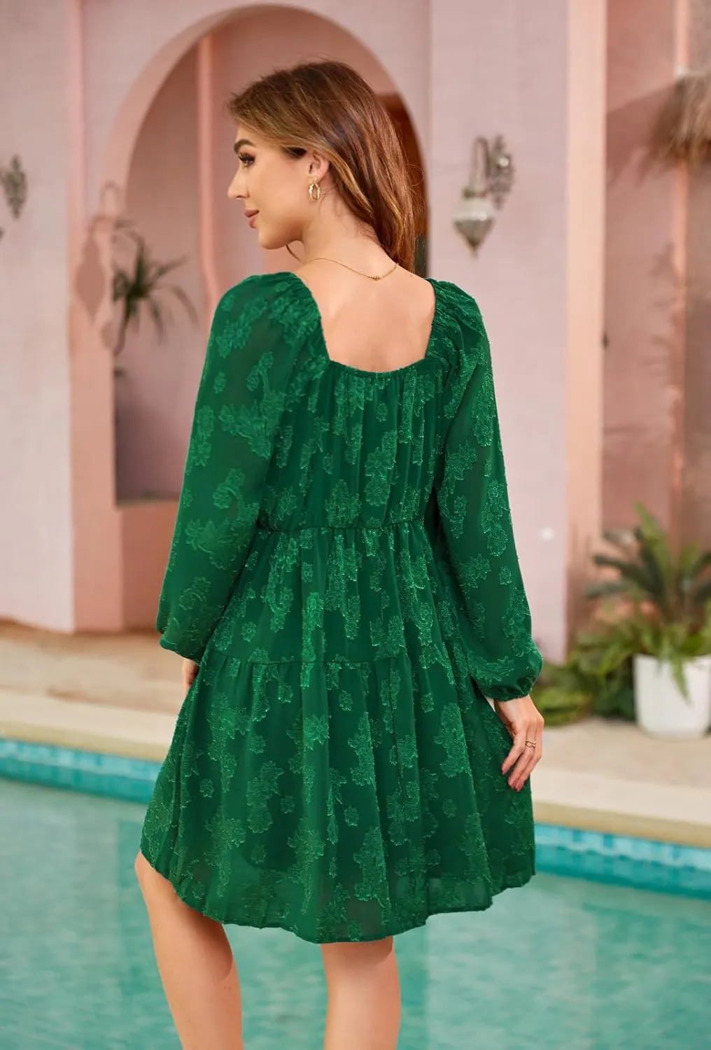 BestWendding Women's Casual Long Sleeve Mini Dress 2025 Spring Summer Square Neck Ruffle Tiered Flowy Loose Babydoll Dress
