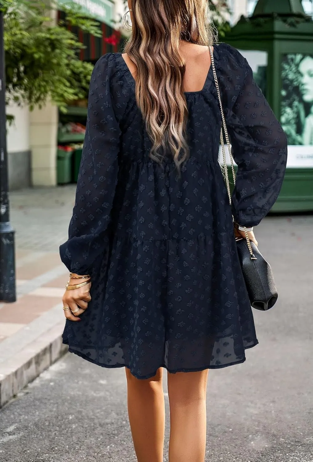 BestWendding Women's Casual Long Sleeve Mini Dress 2025 Spring Summer Square Neck Ruffle Tiered Flowy Loose Babydoll Dress