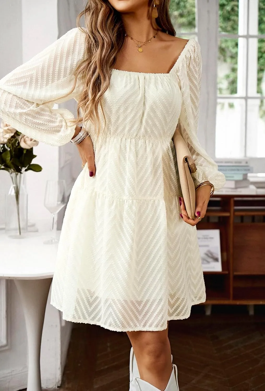 BestWendding Women's Casual Long Sleeve Mini Dress 2025 Spring Summer Square Neck Ruffle Tiered Flowy Loose Babydoll Dress