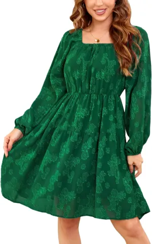 BestWendding Women's Casual Long Sleeve Mini Dress 2025 Spring Summer Square Neck Ruffle Tiered Flowy Loose Babydoll Dress