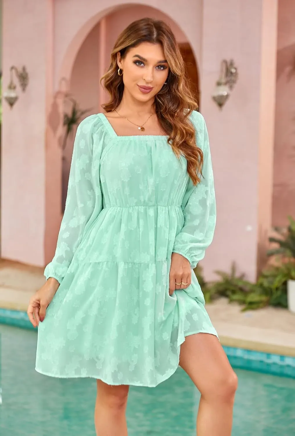 BestWendding Women's Casual Long Sleeve Mini Dress 2025 Spring Summer Square Neck Ruffle Tiered Flowy Loose Babydoll Dress