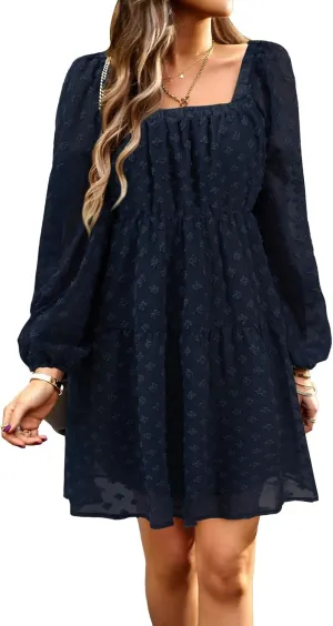 BestWendding Women's Casual Long Sleeve Mini Dress 2025 Spring Summer Square Neck Ruffle Tiered Flowy Loose Babydoll Dress