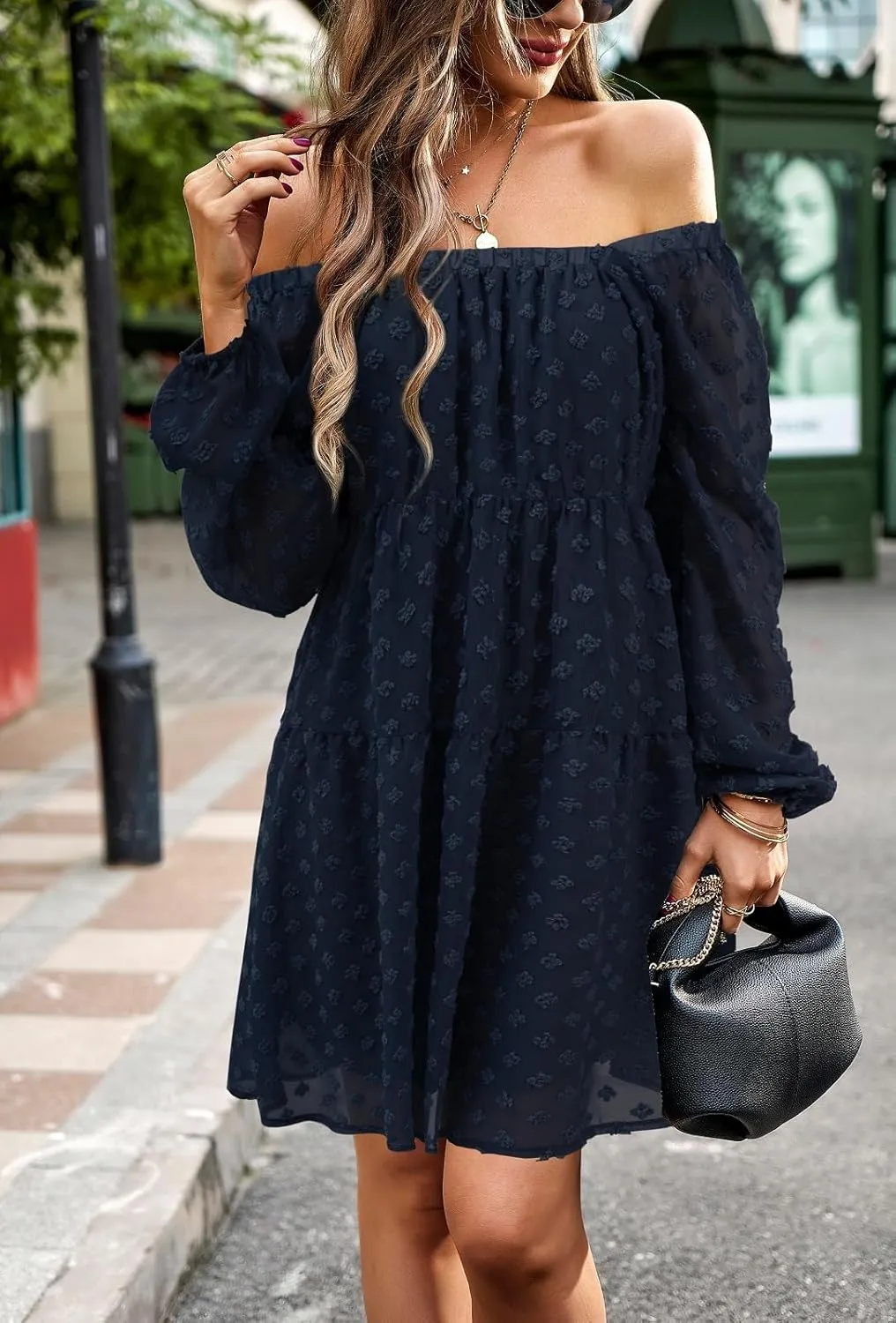 BestWendding Women's Casual Long Sleeve Mini Dress 2025 Spring Summer Square Neck Ruffle Tiered Flowy Loose Babydoll Dress