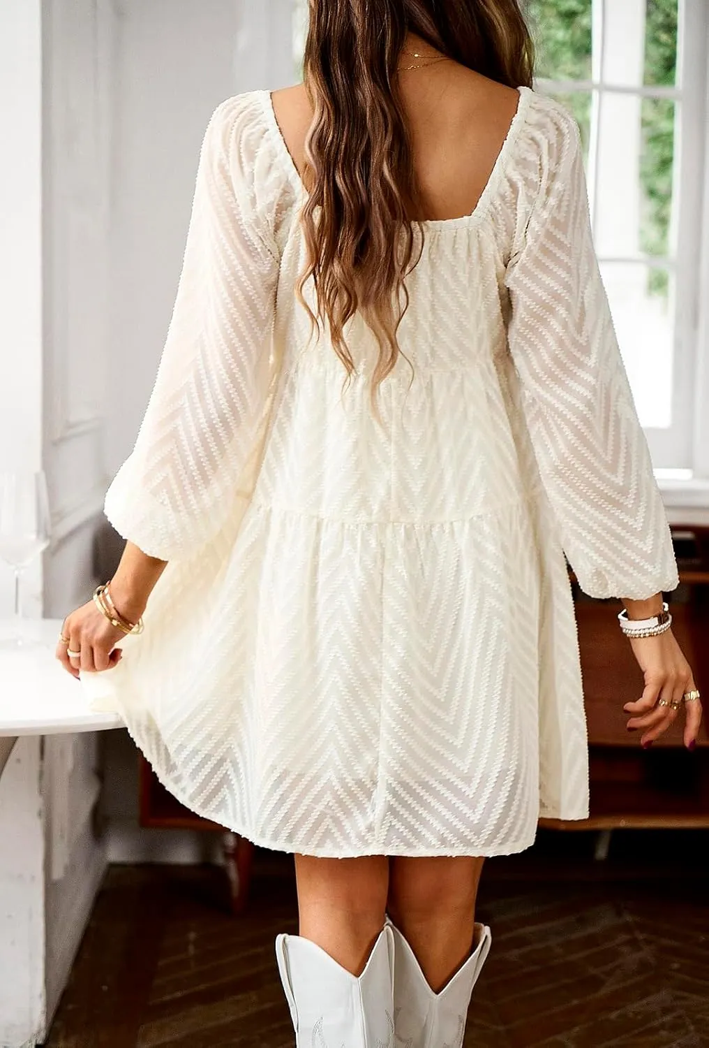 BestWendding Women's Casual Long Sleeve Mini Dress 2025 Spring Summer Square Neck Ruffle Tiered Flowy Loose Babydoll Dress