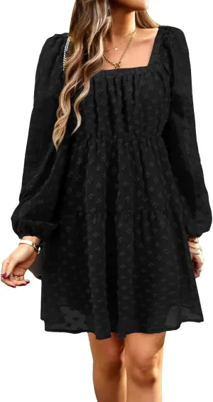 BestWendding Women's Casual Long Sleeve Mini Dress 2025 Spring Summer Square Neck Ruffle Tiered Flowy Loose Babydoll Dress