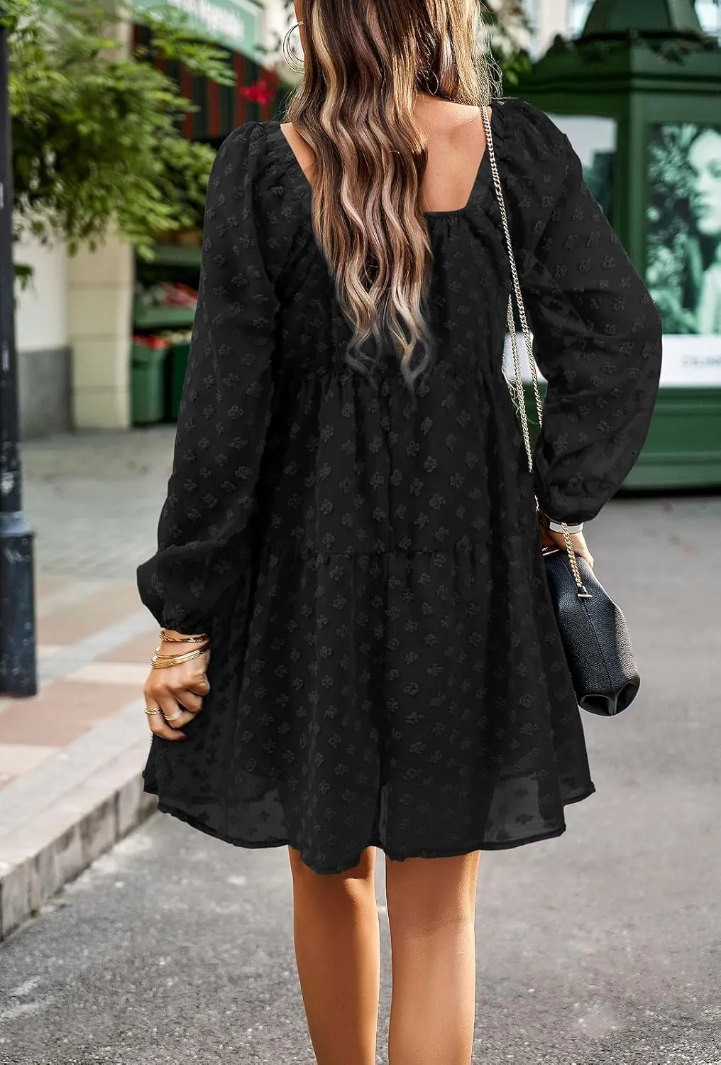 BestWendding Women's Casual Long Sleeve Mini Dress 2025 Spring Summer Square Neck Ruffle Tiered Flowy Loose Babydoll Dress