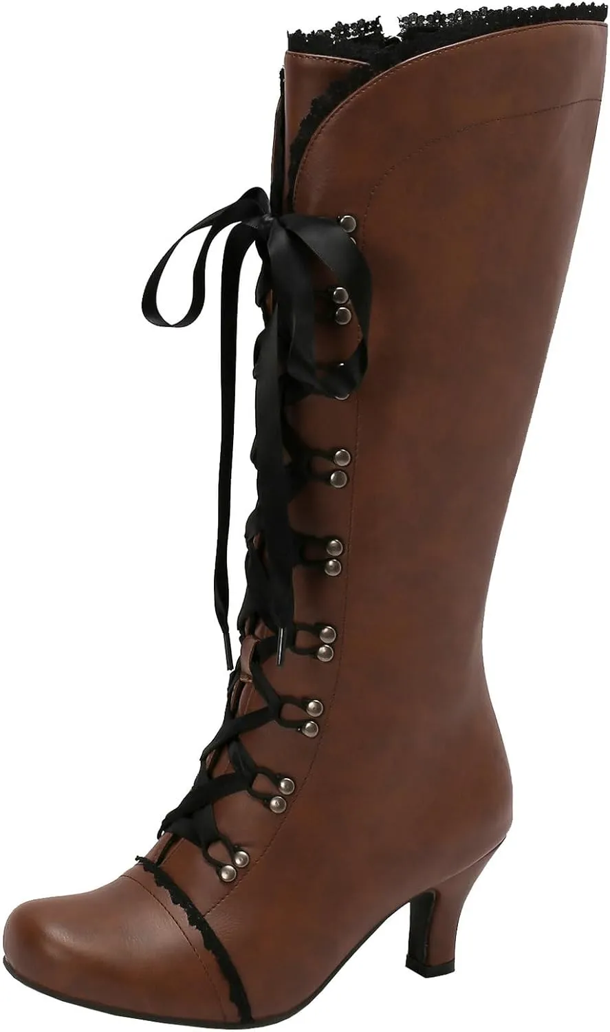 Betastella Womens Lace Up Victorian Boots Chunky Low Kitten Heel Knee High Vintage Boots Witch Boots