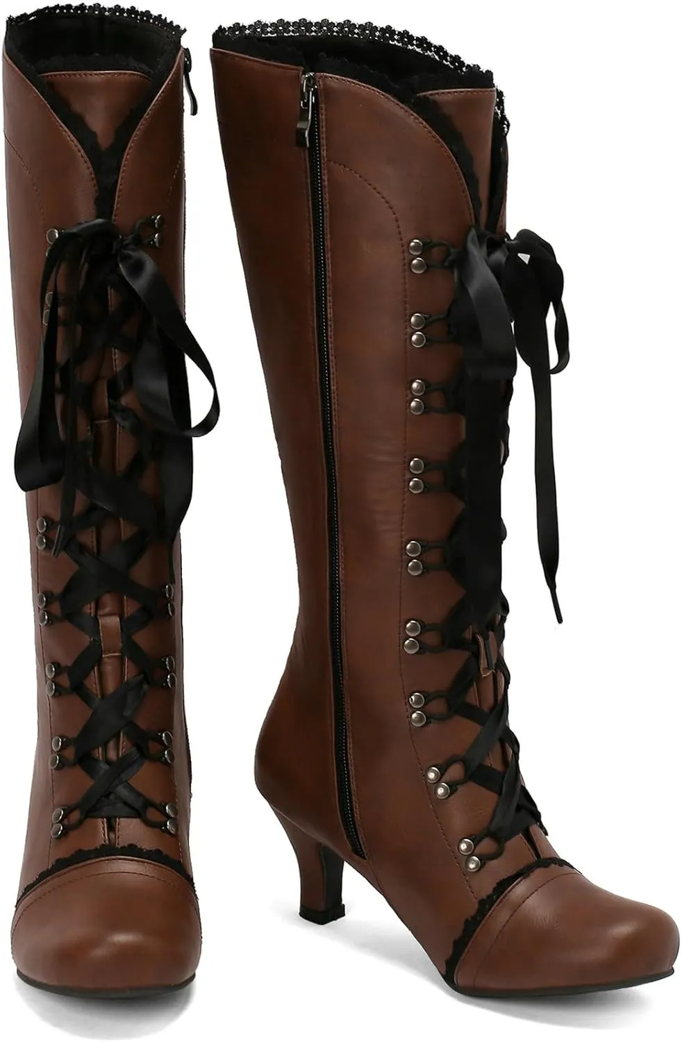 Betastella Womens Lace Up Victorian Boots Chunky Low Kitten Heel Knee High Vintage Boots Witch Boots