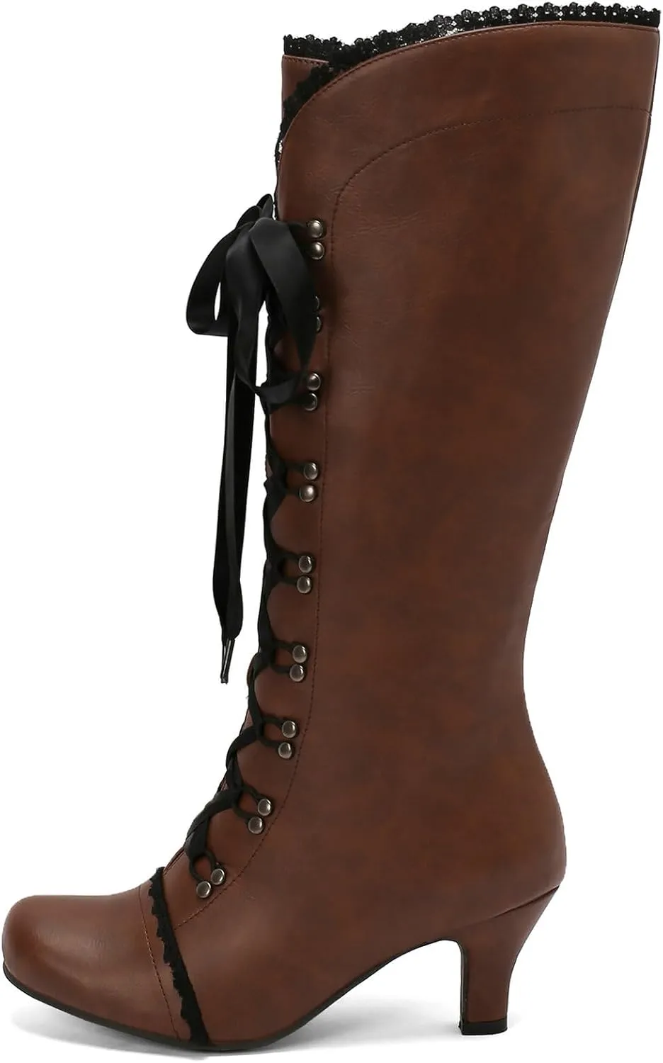 Betastella Womens Lace Up Victorian Boots Chunky Low Kitten Heel Knee High Vintage Boots Witch Boots