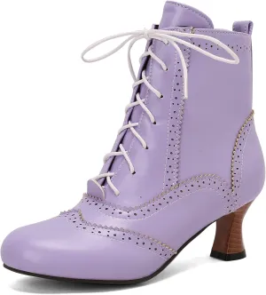 Betastella Womens Vintage Renaissance Boots Kitten Heel Lace Up Victorian Boots Round Toe Chunky Heel Ankle Boots Wingtip Brogue Witch Booties