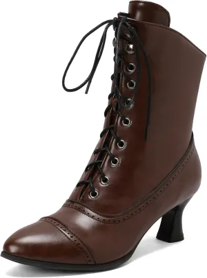 Betastella Womens Vintage Style Renaissance Boots Kitten Heel Lace Up Victorian Boots Pointed Toe Chunky Heel Ankle Boots Wingtip Witch Booties