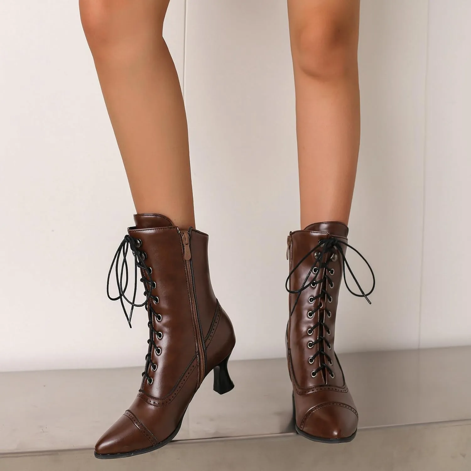Betastella Womens Vintage Style Renaissance Boots Kitten Heel Lace Up Victorian Boots Pointed Toe Chunky Heel Ankle Boots Wingtip Witch Booties