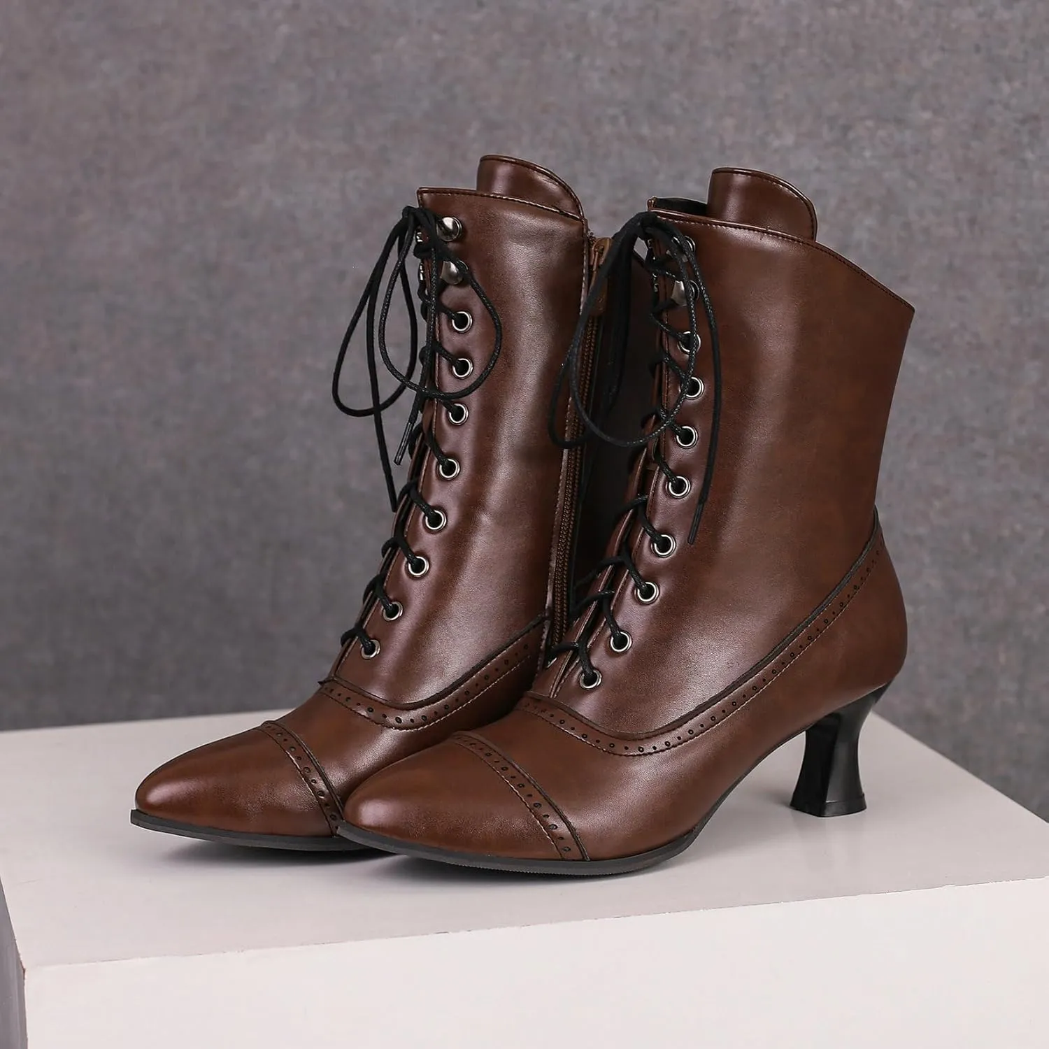 Betastella Womens Vintage Style Renaissance Boots Kitten Heel Lace Up Victorian Boots Pointed Toe Chunky Heel Ankle Boots Wingtip Witch Booties