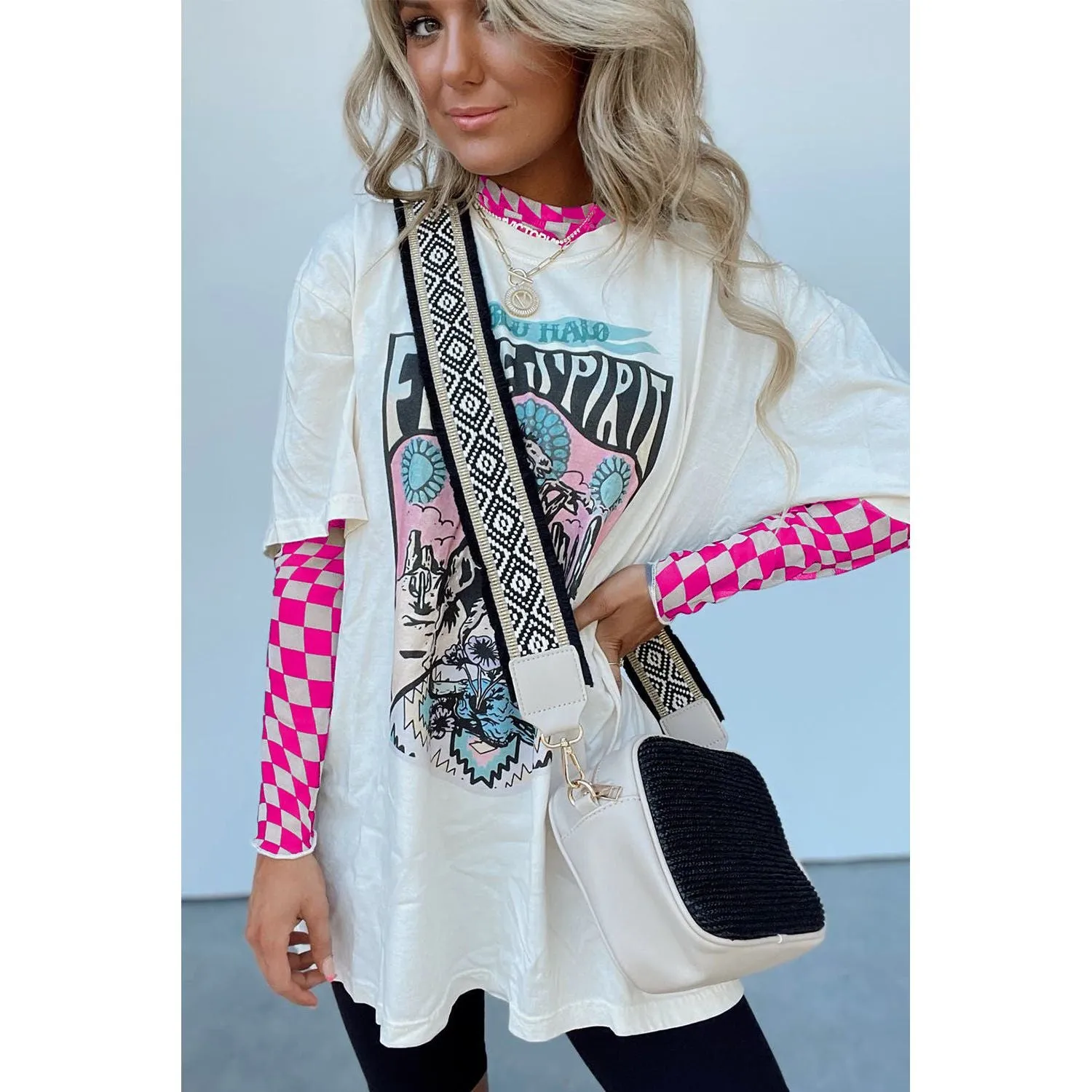 Black Checkered Pattern Mesh Mock Neck Long Sleeve Top