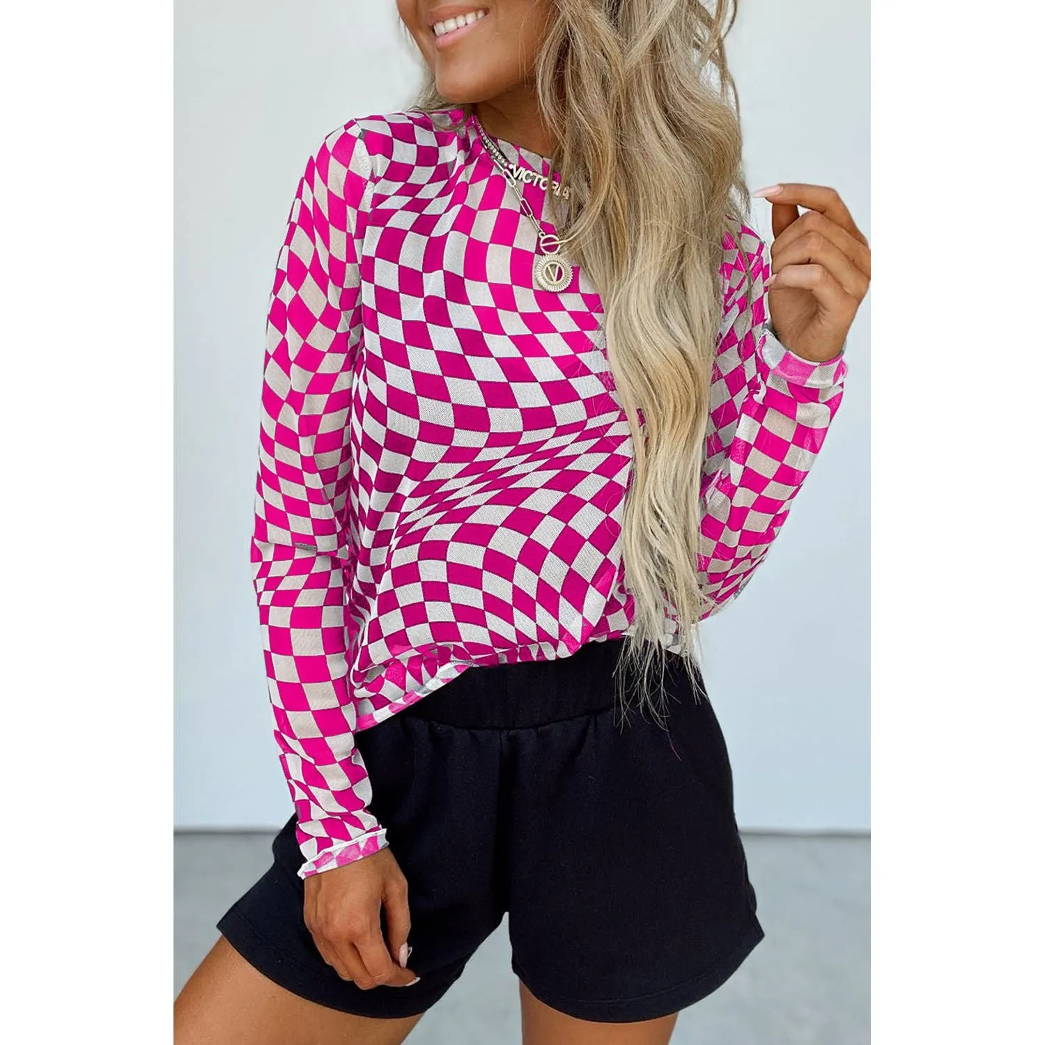 Black Checkered Pattern Mesh Mock Neck Long Sleeve Top